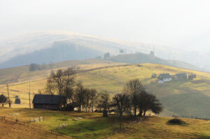 Farmhouses on a green hill, shrouded in fog