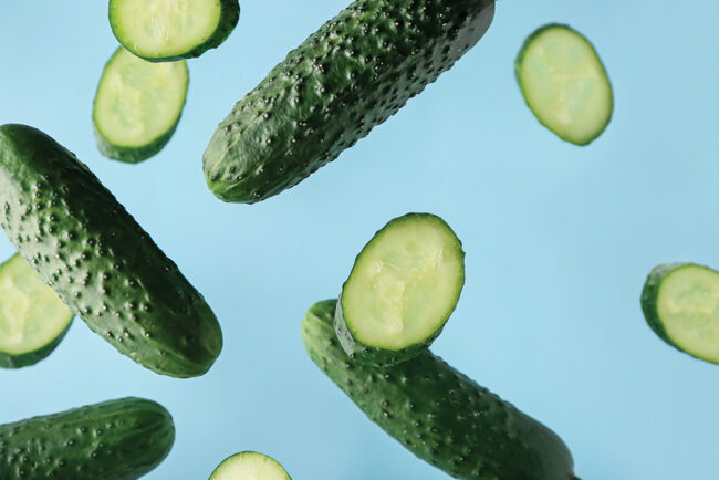 Artsy image of sliced green cucumbers against a blue background