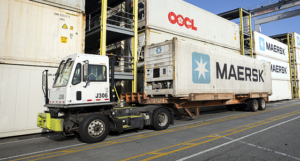 A truck delivers cargo to the Port of Savannah