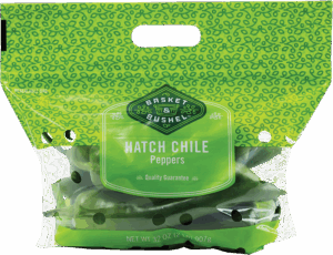 A green stand-up pouch of chile peppers