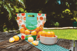 A bowl of oranges sits beside a stand-up pouch containing the fruit