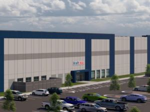 A rendering of a large, beige warehouse with cars parked out front 