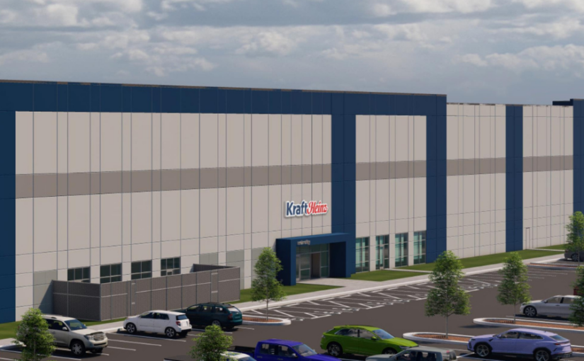 A rendering of a large, beige warehouse with cars parked out front