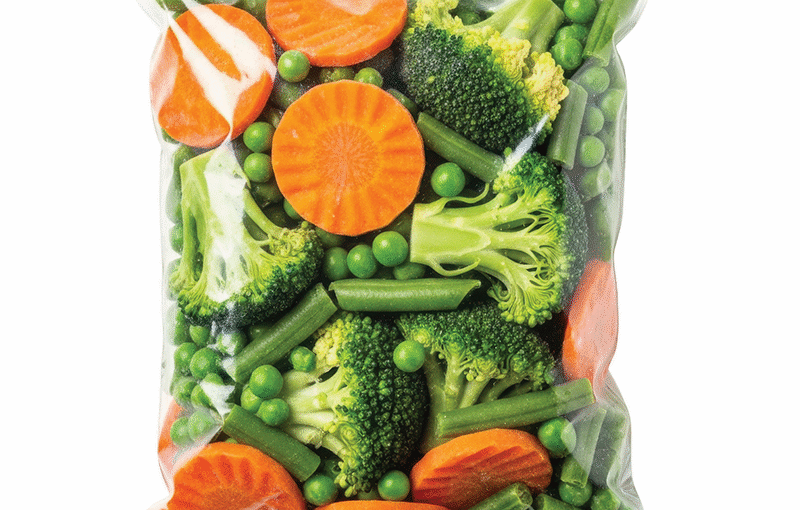 A sealed bag of carrots and broccoli