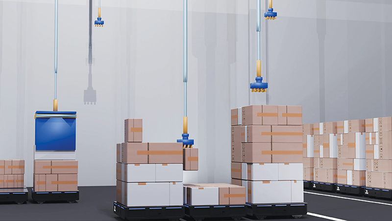 A rendering shows robotic equipment moving boxes