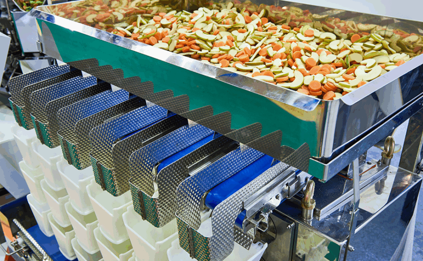 Sliced vegetables on a processing line