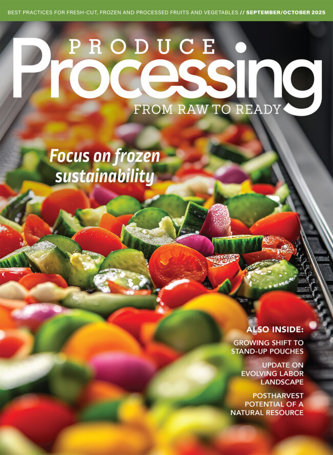 A closeup of sliced vegetables on a processing line