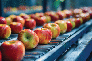 Freshly washed apples move down a production line 