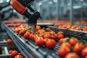 A robotic arm sorts fresh tomatos
