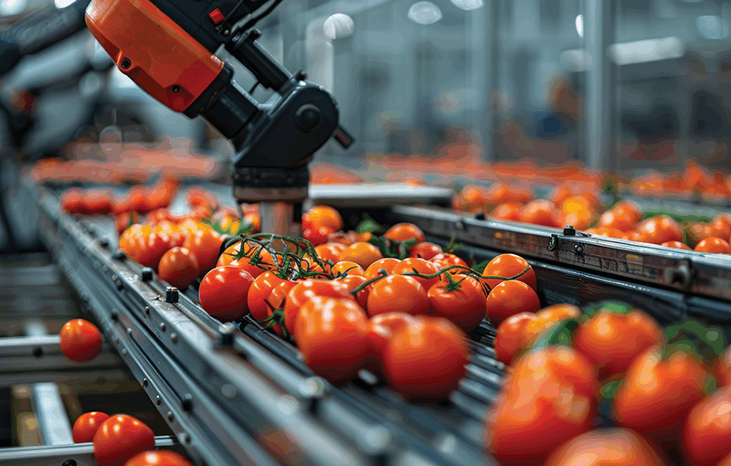 A robotic arm sorts fresh tomatos