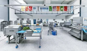 Metal food processing equipment in an immaculate production facility 