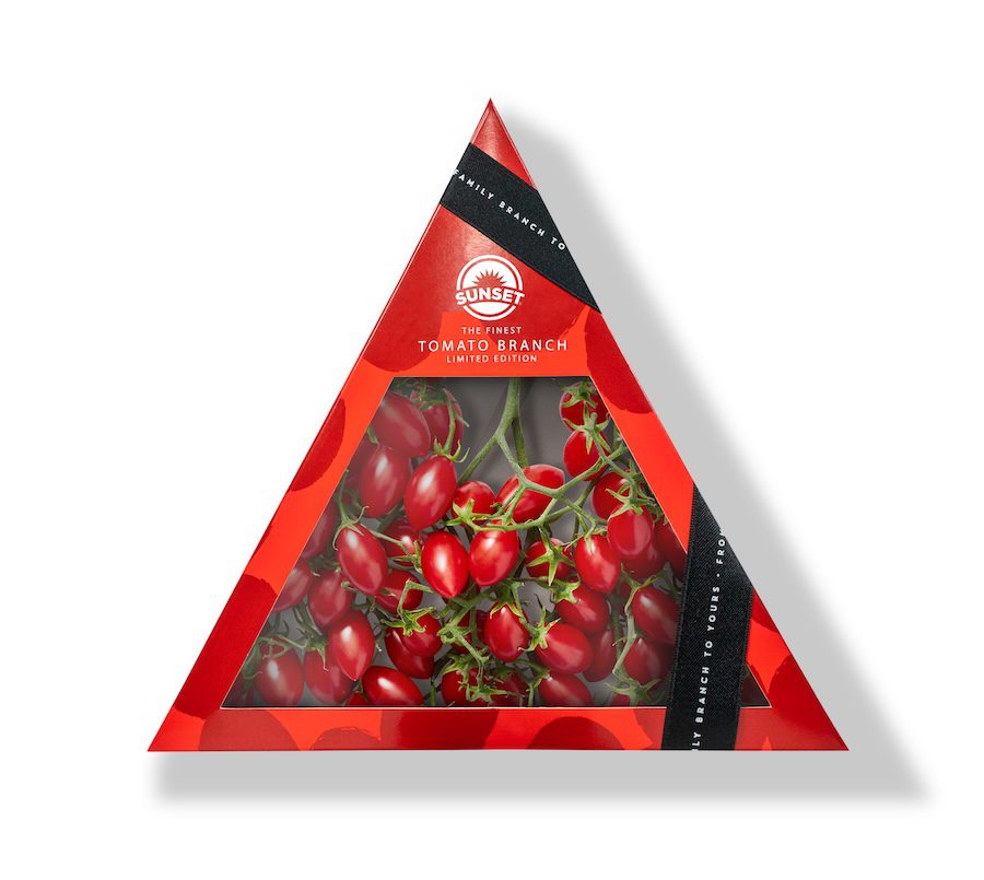 A triangle carrier for tomatoes that holds part of the vine as well