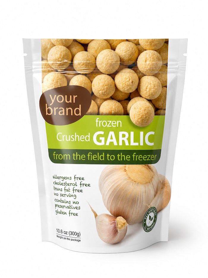 Packaged frozen garlic spheres